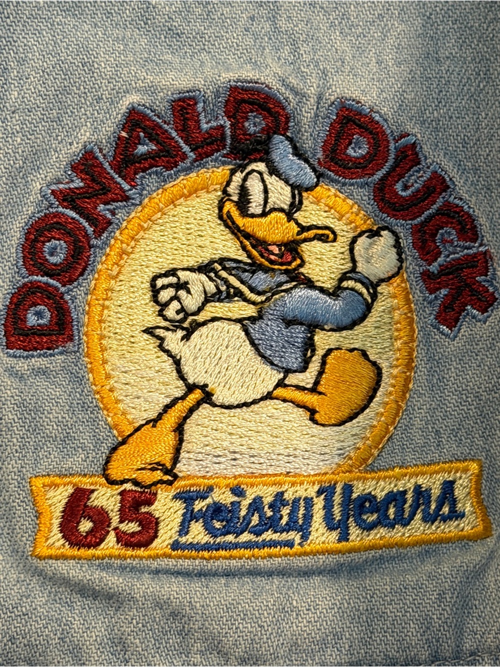 Walt Disney Donald Duck 65 Feisty Years embroidered denim jean shirt large